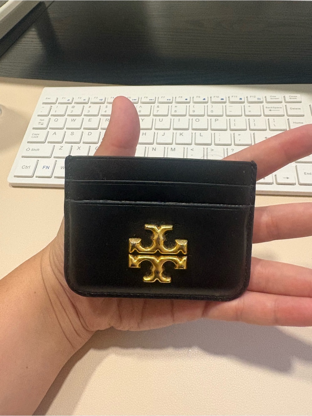 Tory Burch Black Leather Card Holder with Gold Logo Accent